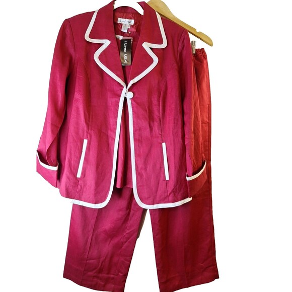 LINO USA 100% Linen 3pc Pantsuit Women's Sz L Red Pants Tank Blazer Wide Leg - Picture 1 of 16